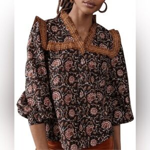 Anthropology Othilia  Sera Black printed Ruffled Blouse